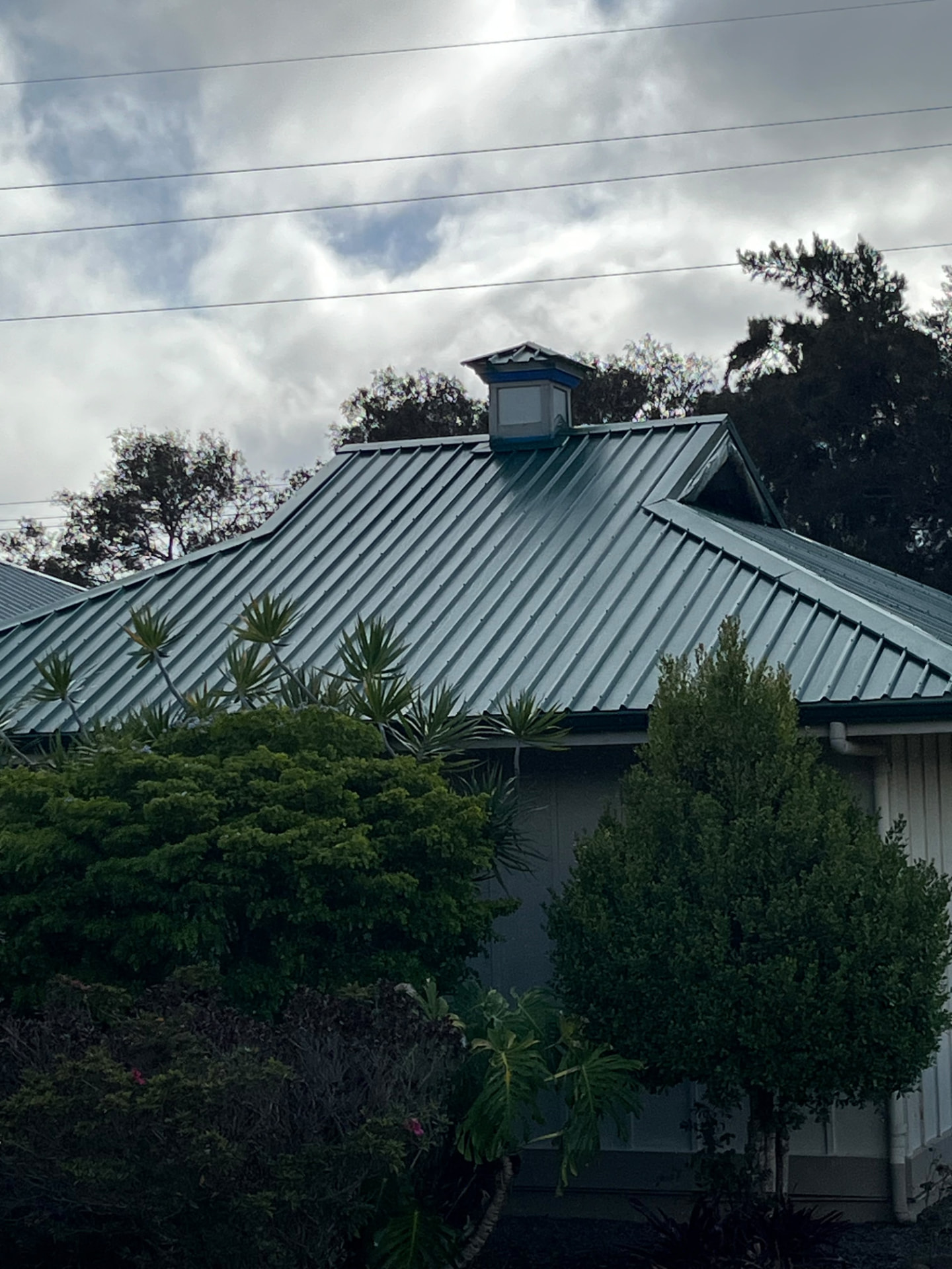 Recoated metal roof on a home surrounded by landscaping