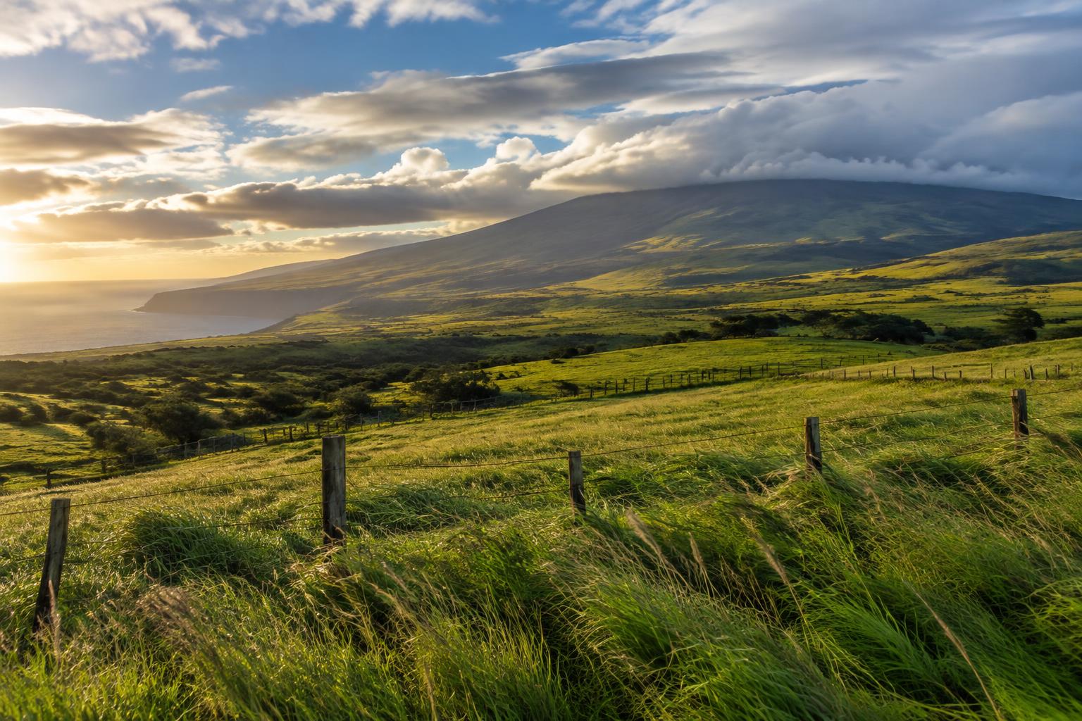 Wind-swept pasture and volcanic slopes in North Hawaiʻi